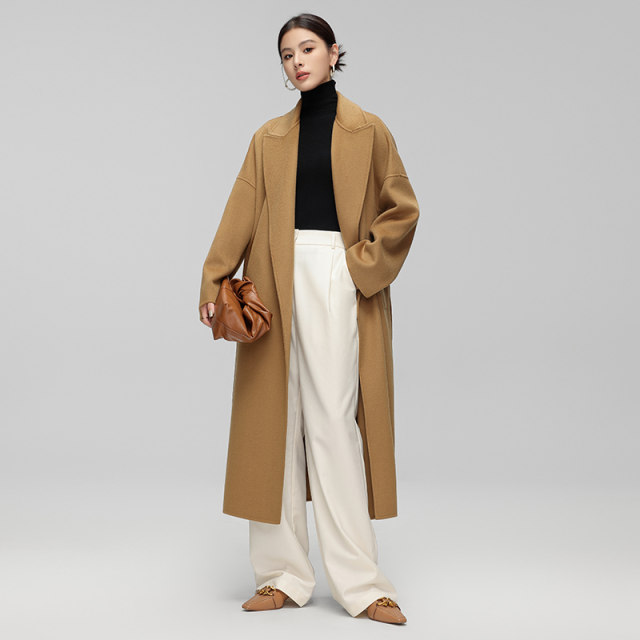 CHIIYEAR池也 10%山羊绒驼色双面呢大衣女高个子长款羊毛呢子外套