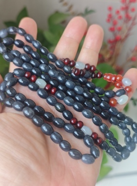 天然和田玉青花籽料聚墨米粒手串手链男女款玉石黑白手链多圈A04