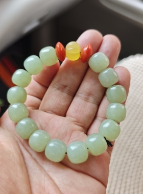 天然和田玉手链女款青白玉南红珠蜜蜡珠子玉石单圈手串送女友礼物