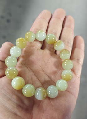 新疆和田玉糖白圆珠单圈手串男女款且末糖料玉石飘糖俏色手链卡12