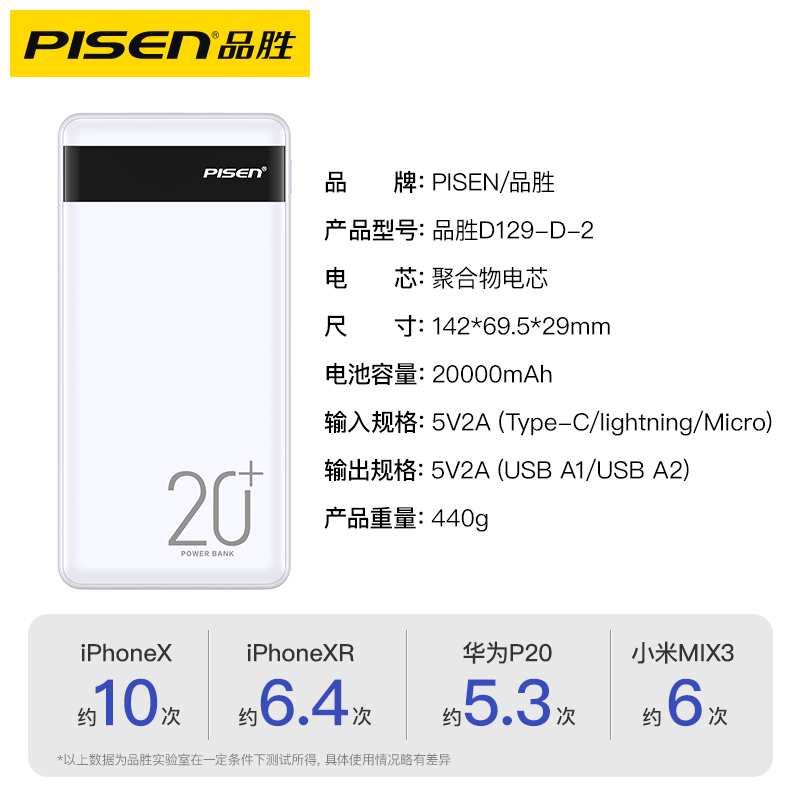 品胜数码旗舰店品胜充电宝20000毫安大容量官网原装正品适用于vivo苹果小米华为手机快充专用小巧便携移动电源3