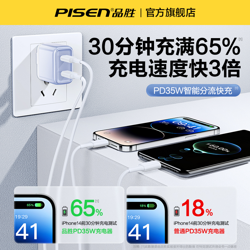 品胜35W双口快充typec多口充电器适用苹果小米华为iPhone15max手机ipad平板14pro快充13通用pd20W插头30W闪充