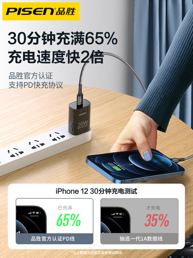 品胜苹果数据线PD适用iphone12充电线器头13快充11promax手机20W18W闪充XR冲X加长2米Typec转Lighting车载8P - 图1