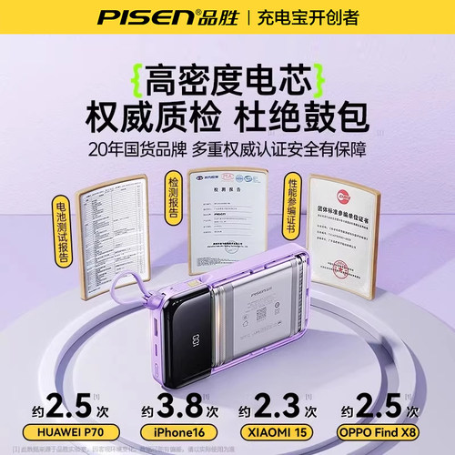 【充电宝3C认证】品胜20000毫安充电宝自带四线大容量超薄小巧便携政府补贴移动电源适用苹果17华为可上飞机 - 图1