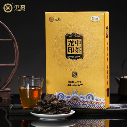 中茶龙印手筑茯茶680g高马二溪纯料茶安化黑茶金花茯砖茶-图2