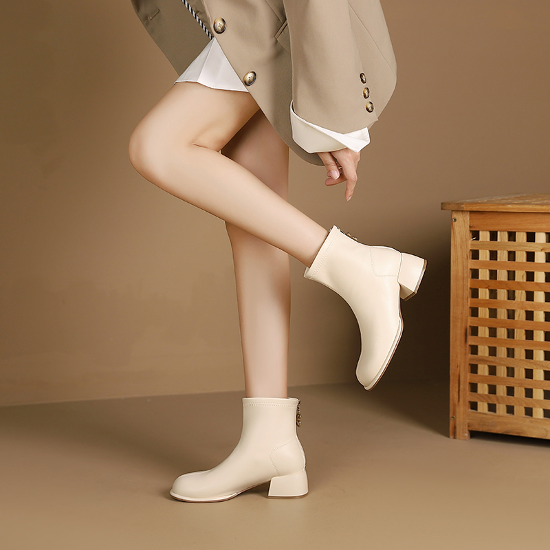 卓诗尼短靴女鞋子2024年新款薄瘦瘦靴粗跟女靴子切尔西靴高跟短筒