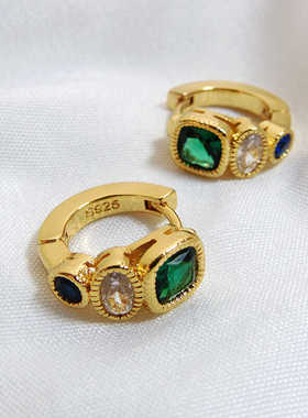 小众祖母绿色高级耳饰锆石宫廷