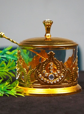 金属孔雀云丝镶砖茶杯糖盅带勺子玻璃杯子创意雕花铁艺元素礼品