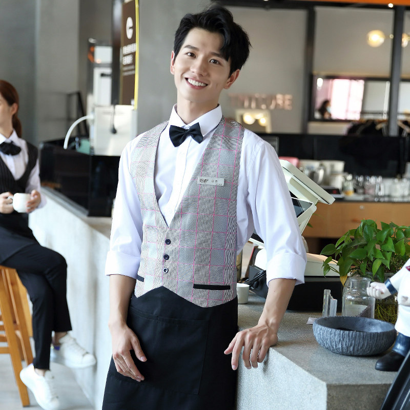 酒吧前台ktv奶茶马甲春夏装 咖啡西餐厅酒店服务员工作服围裙长袖