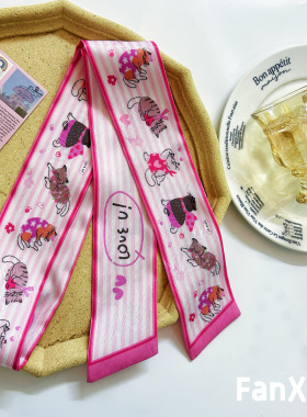 繁星原创甜美猫咪丝巾小长条飘带丝带绑包扎发高级感日系领巾腰带