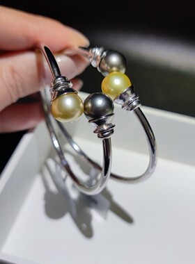 正圆强光海水珍珠银镶嵌开口手镯