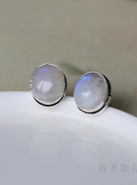 S925纯银手工镶嵌天然月光石大耳钉彩虹蓝光简单特价清仓一物一图