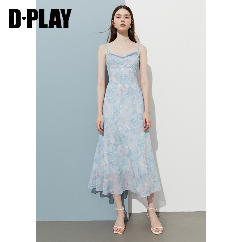 DPLAY【度假系列】2025年夏季新款蓝色吊带连衣裙女雪纺裙子长裙,淘宝优惠券,粉丝福利购,淘宝优惠卷