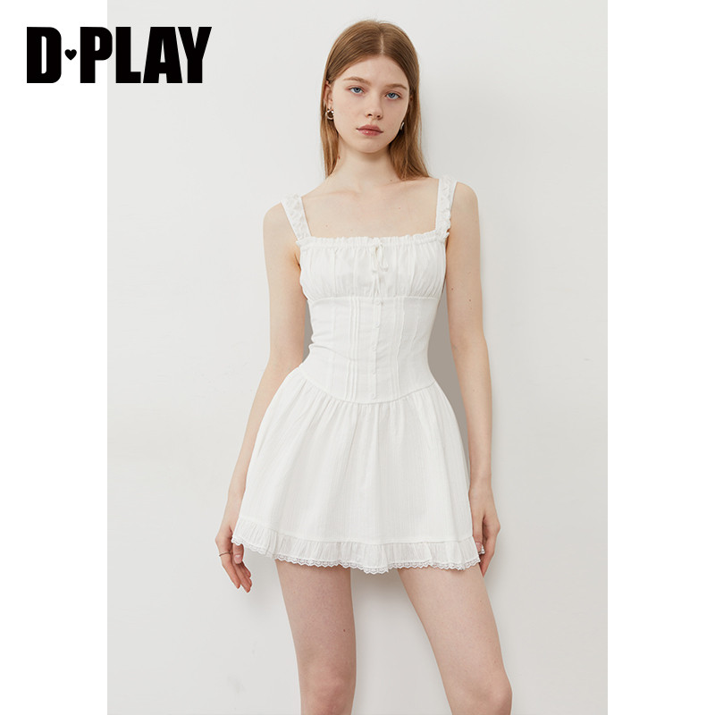 DPLAY2025年夏季新款白色吊带连衣裙女蕾丝拼接蝴蝶结时尚短裙,淘宝优惠券,粉丝福利购,淘宝优惠卷