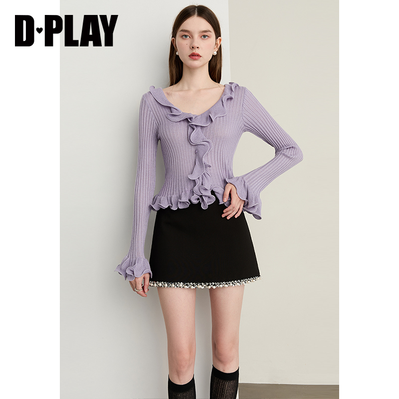 DPLAY2025年秋季新款紫色针织衫女荷叶边含羊毛气质开衫外套上衣 - 图2