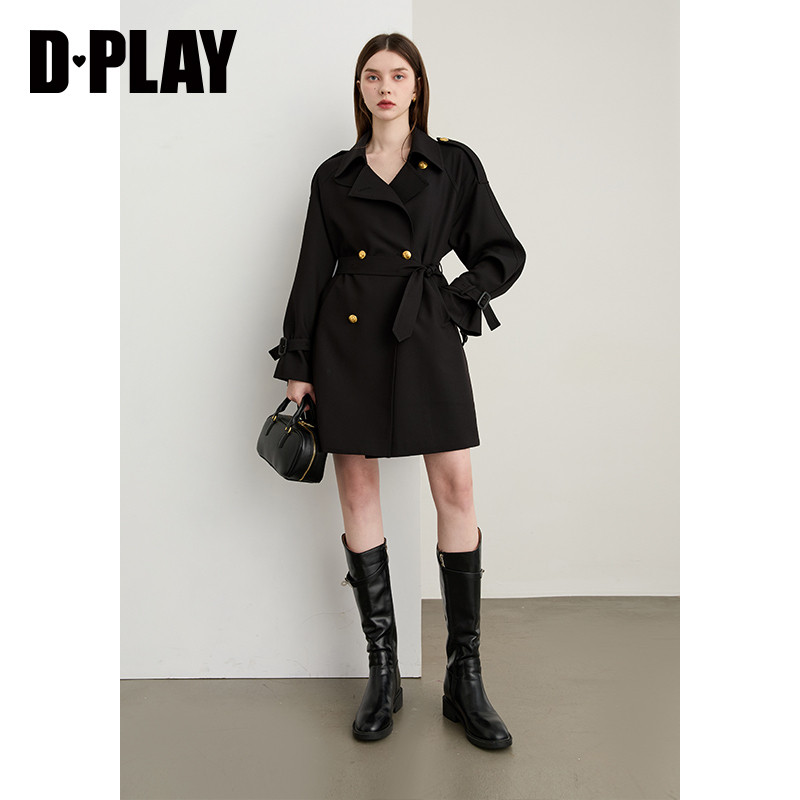 DPLAY2025年秋季新款黑色风衣外套女流行大气休闲宽松中长款大衣
