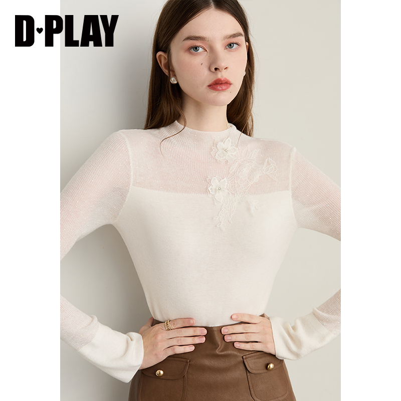 DPLAY2025年秋季新款白色含羊毛针织衫半高领修身内搭打底衫女 - 图2