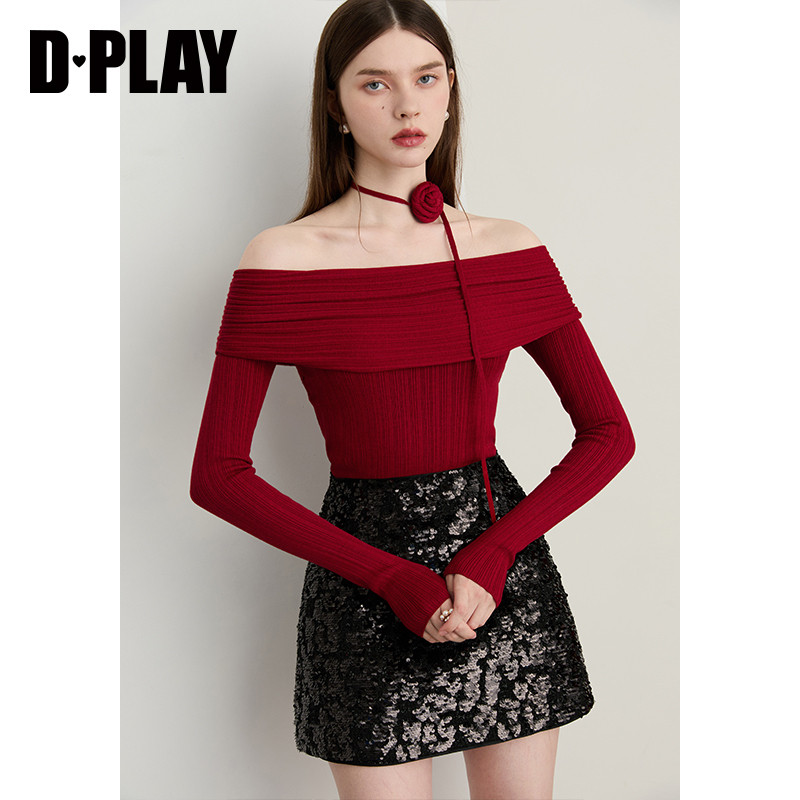 DPLAY2025年秋季新款红色针织衫女一字肩露肩长袖上衣修身打底衫,淘宝优惠券,粉丝福利购,淘宝优惠卷
