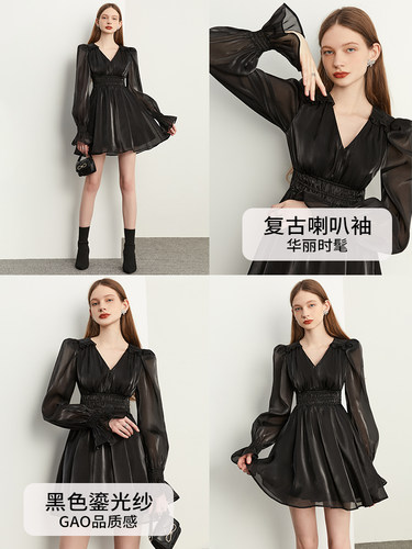 DPLAY法式时尚连衣裙气质黑色连衣裙鎏光纱短裙礼服女2026年春 - 图2