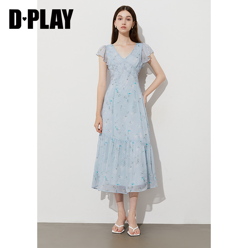 DPLAY2025年夏季新款蓝色连衣裙女好看法式蕾丝雪纺裙子收腰长裙,淘宝优惠券,粉丝福利购,淘宝优惠卷