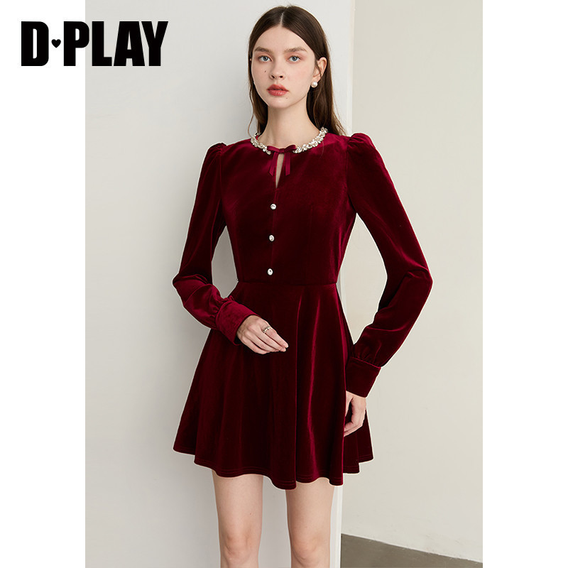 DPLAY【轻奢闪钻系列】2025年秋季新款红色连衣裙丝绒礼服裙女