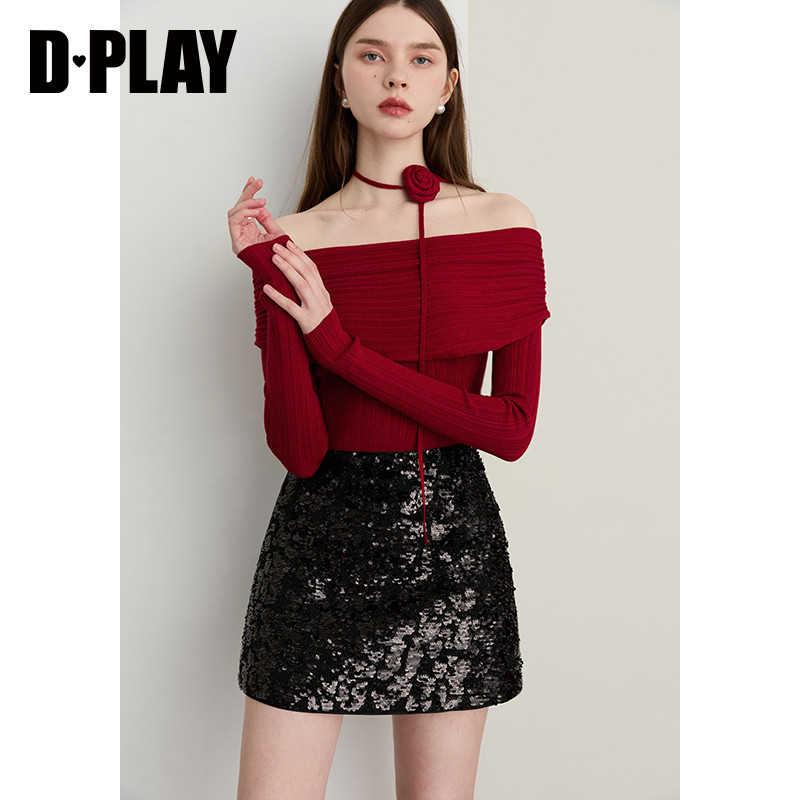 DPLAY2025年秋季新款红色针织衫女一字肩露肩长袖上衣修身打底衫,淘宝优惠券,粉丝福利购,淘宝优惠卷
