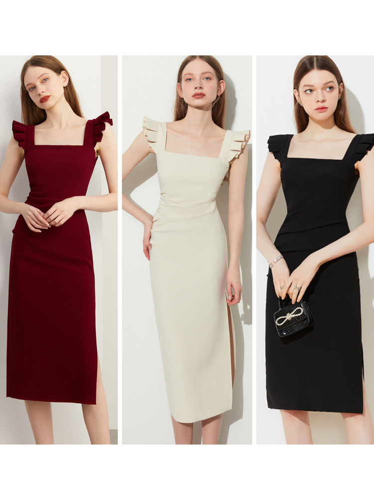 DPLAY夏季复古红色弹力短袖订婚服回门服吊带裙连衣裙裙子女