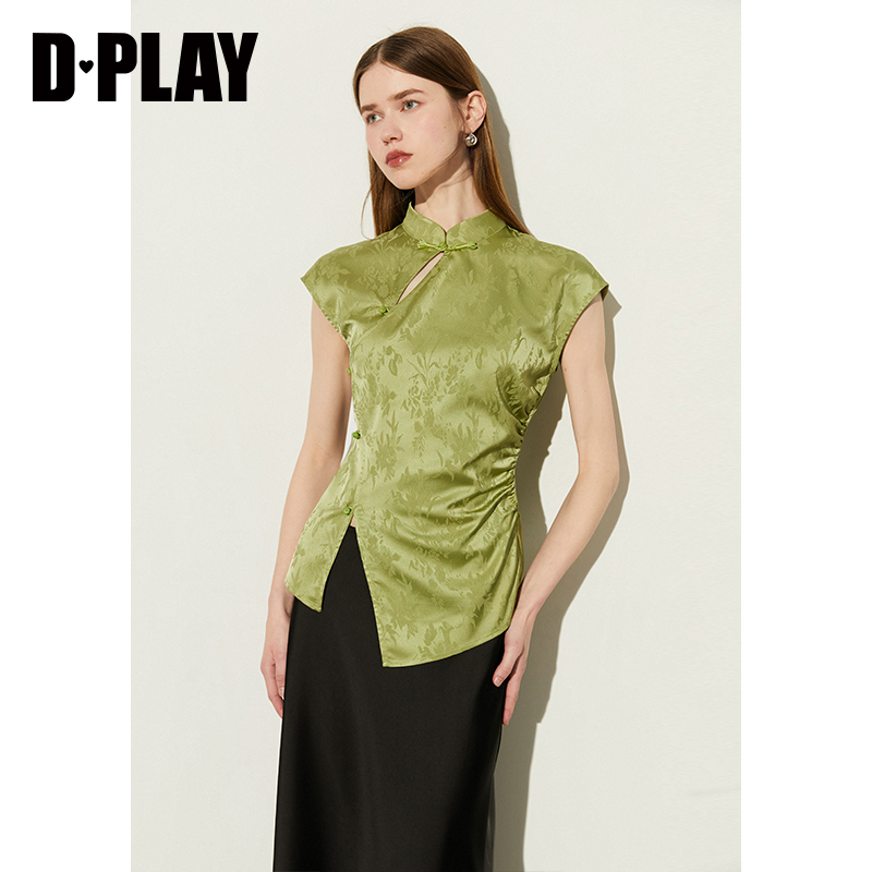 DPLAY2025年秋季新中式立领绿色短袖收腰不对称衬衫上衣小衫女 - 图3