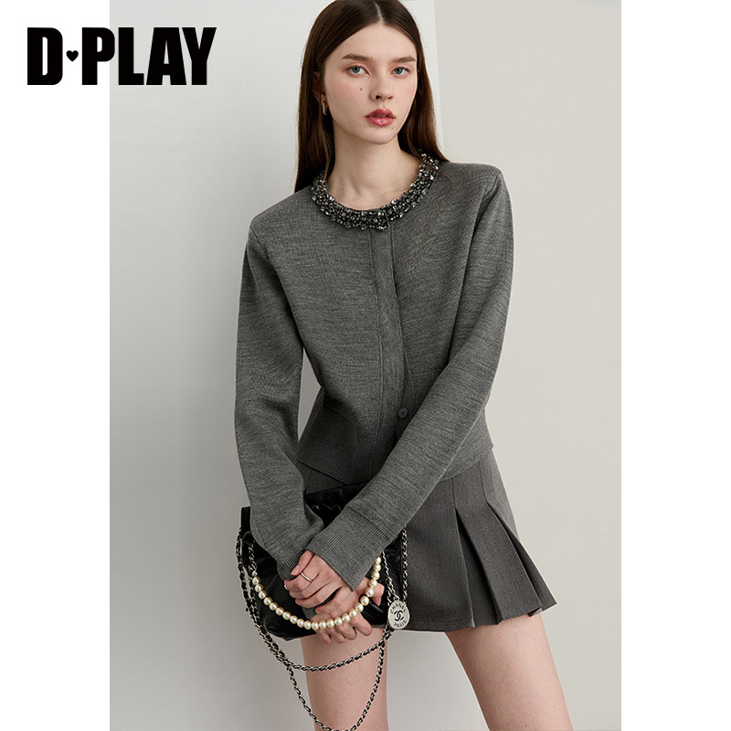 DPLAY【黑标】2025年秋季新款灰针织衫法式含羊毛女上衣,淘宝优惠券,粉丝福利购,淘宝优惠卷