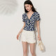 DPLAY2026 Summer New Blue Printed Top Women's French Retro Ruffle Waist Shirt All-match Shirt