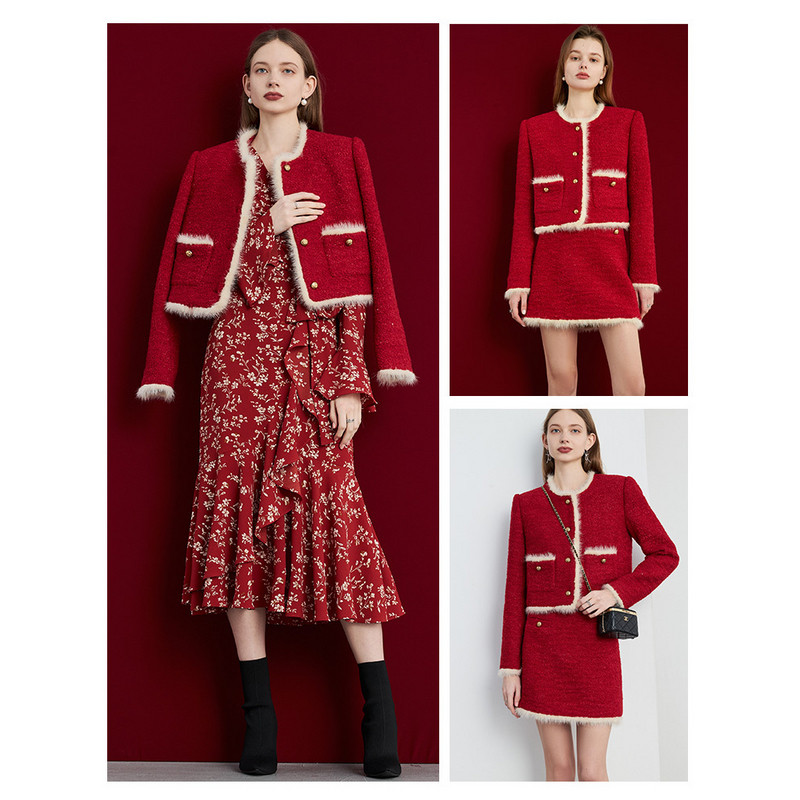 DPLAY年秋季小香风短外套红色水貂毛粗花呢外套女上衣,淘宝优惠券,粉丝福利购,淘宝优惠卷