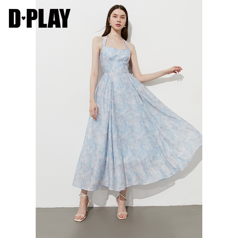 DPLAY【度假系列】2025年夏季新款蓝色挂脖连衣裙女雪纺裙子长裙,淘宝优惠券,粉丝福利购,淘宝优惠卷