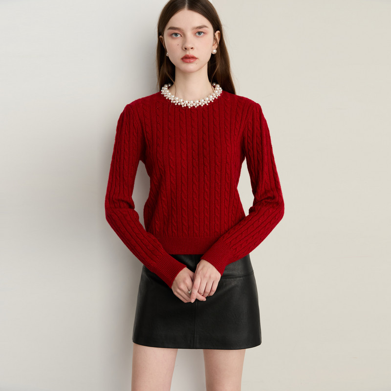 DPLAY2025年冬季新款红色毛衣女珍珠链领口麻花100绵羊毛时尚上衣,淘宝优惠券,粉丝福利购,淘宝优惠卷
