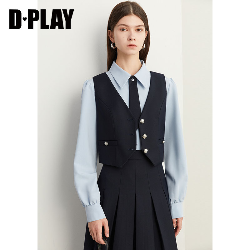 DPLAY初春老钱风西装套装学院风套装藏青色西装外套衬衫马甲制服-图2