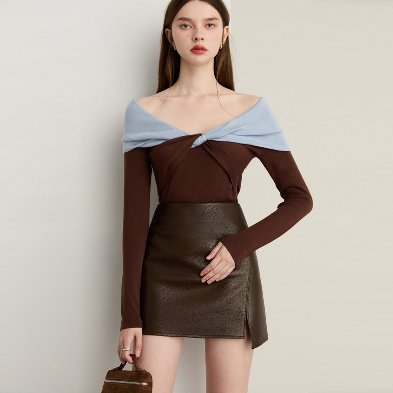 DPLAY2025年秋季新款卡其色针织衫女一字肩蝴蝶结含羊毛羊绒上衣,淘宝优惠券,粉丝福利购,淘宝优惠卷