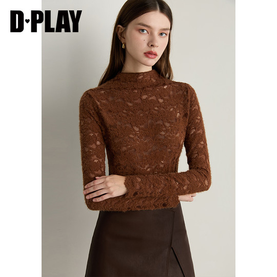 DPLAY Benefits 2025 Winter New Caramel Color Lace Popular Women's Mesh Lace Hollow Top
