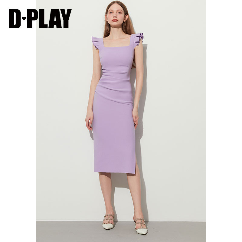 DPLAY夏季紫色连衣裙修身连衣裙飞飞袖吊带裙礼服包臀裙长裙女