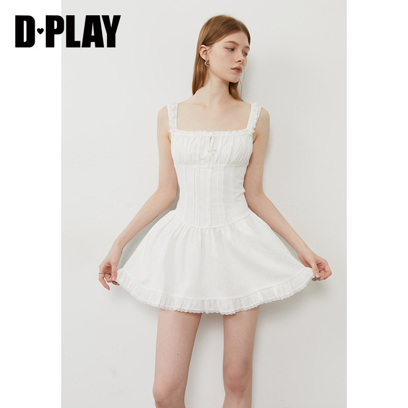 DPLAY2025年夏季新款白色吊带连衣裙女蕾丝拼接蝴蝶结时尚短裙,淘宝优惠券,粉丝福利购,淘宝优惠卷