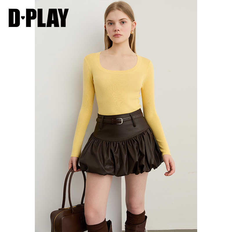 DPLAY【惠品】2025年秋季黄色针织衫女时尚多巴胺上衣打底衫 - 图1