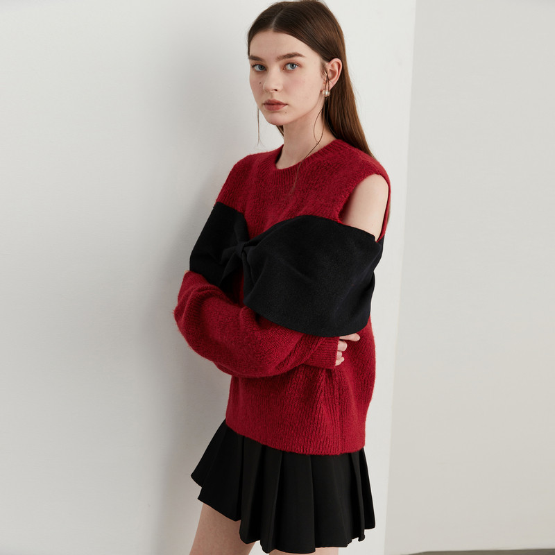 DPLAY2026春季新款红色毛衣含羊毛蝴蝶结新年节针织衫露肩上衣女,淘宝优惠券,粉丝福利购,淘宝优惠卷