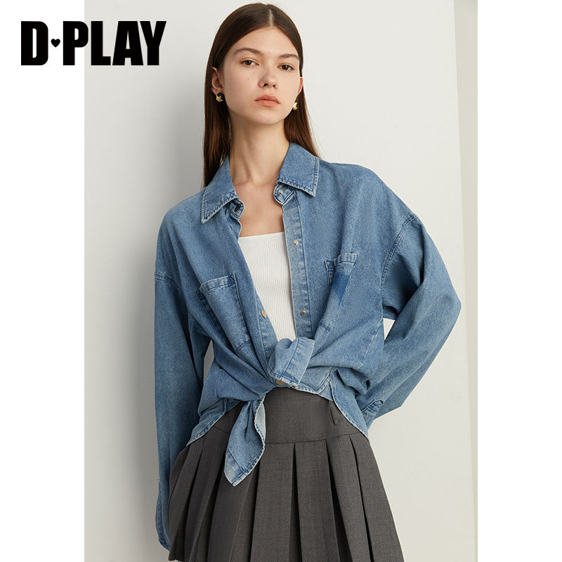 DPLAY时髦叠穿牛仔蓝翻领牛仔衬衫