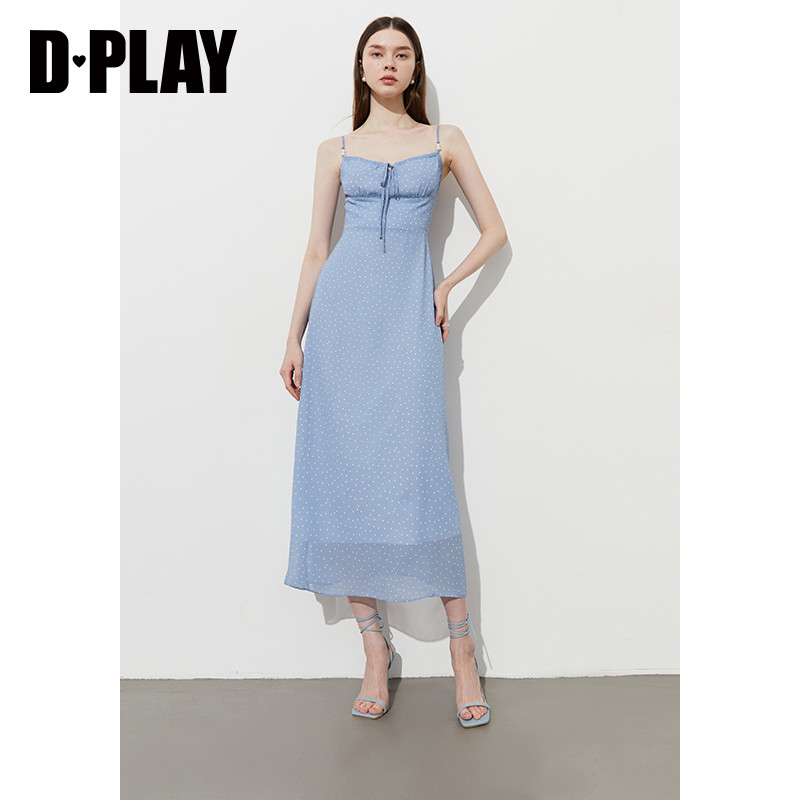 DPLAY【度假系列】2025年夏季新款蓝色吊带连衣裙女雪纺裙子长裙,淘宝优惠券,粉丝福利购,淘宝优惠卷