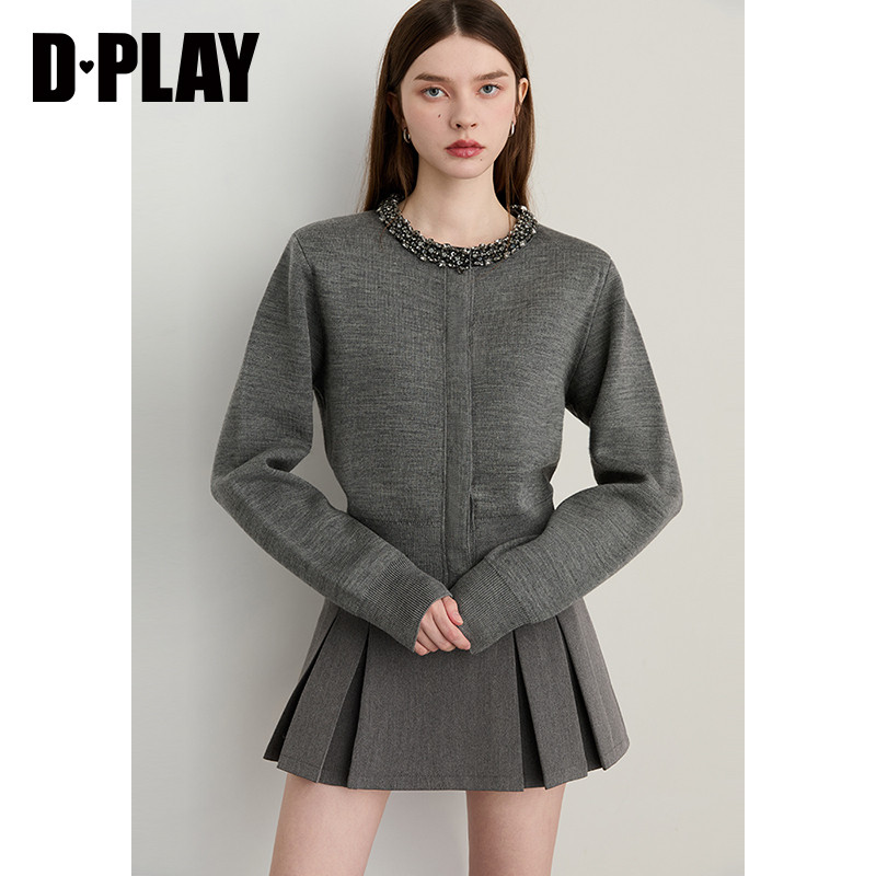 DPLAY【黑标】2025年秋季新款灰针织衫法式含羊毛女上衣,淘宝优惠券,粉丝福利购,淘宝优惠卷