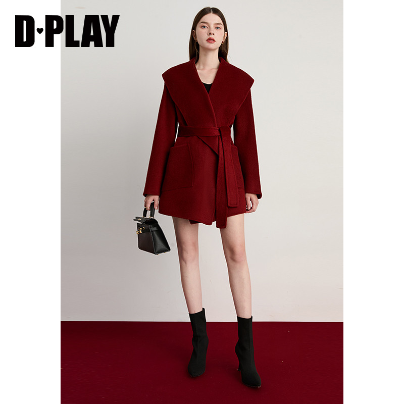 DPLAY含羊绒2025冬季新款红色大衣翻领含羊绒外套气质双面呢大衣,淘宝优惠券,粉丝福利购,淘宝优惠卷
