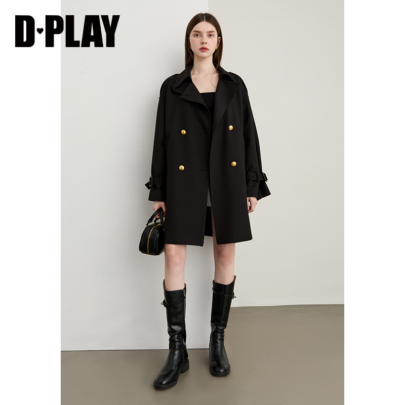DPLAY2025年秋季新款黑色风衣外套女流行大气休闲宽松中长款大衣