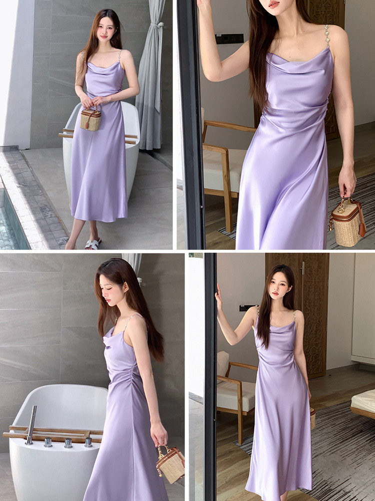 DPLAY2025夏季新款法式香芋紫色连衣裙女吊带缎面裙子长裙沙滩裙,淘宝优惠券,粉丝福利购,淘宝优惠卷