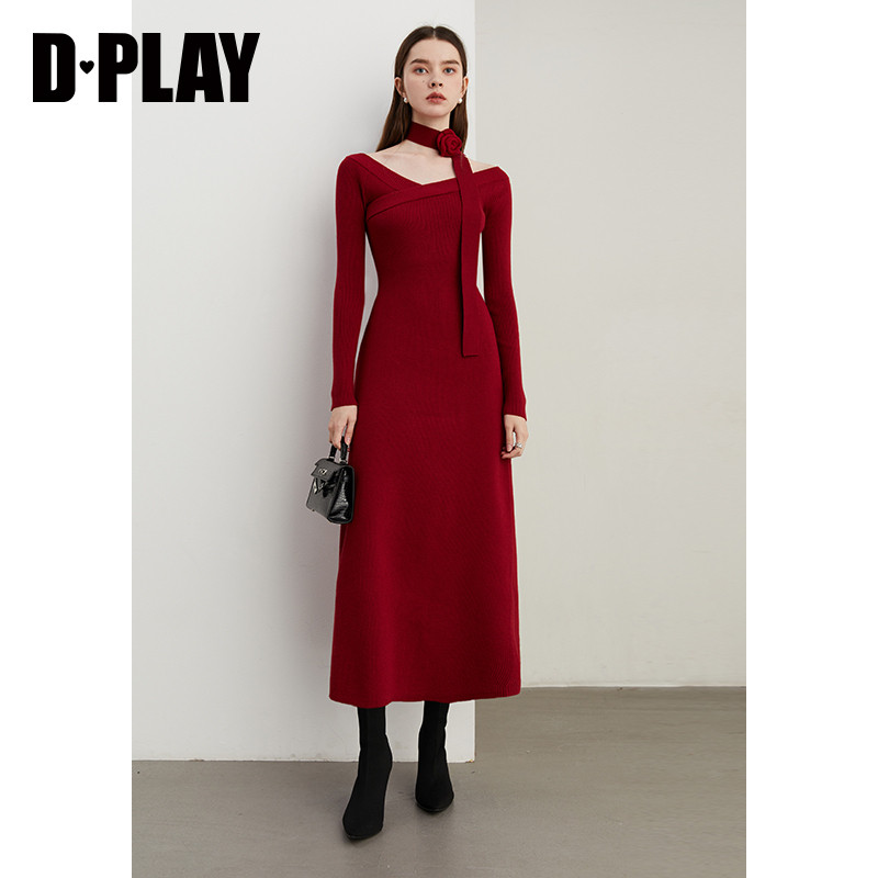 DPLAY2025年秋季新款法式红色连衣裙女一字肩长款针织裙子长袖,淘宝优惠券,粉丝福利购,淘宝优惠卷