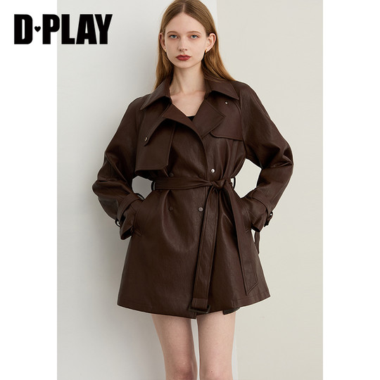 DPLAY2025年冬季新款棕色皮衣外套女流行复古短款收腰翻领上衣