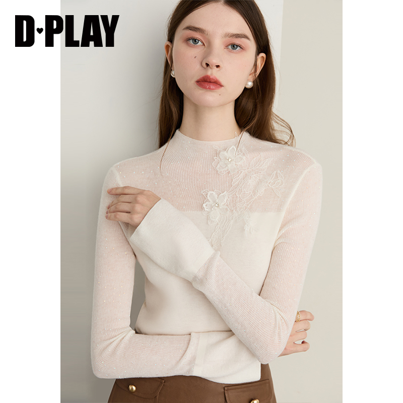 DPLAY2025年秋季新款白色含羊毛针织衫半高领修身内搭打底衫女 - 图1