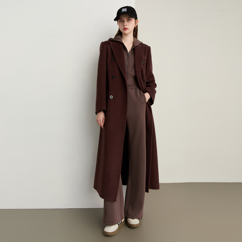 DPLAY【黑标】2025冬季新款棕色长款大衣女气质羊毛双面呢子外套 - 图3